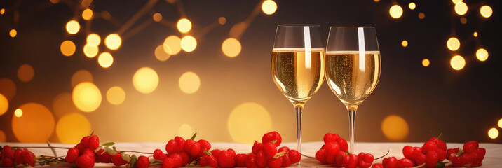 Two glasses of champagne and red rose on the background of blurry glow background. Concept of celebration, anniversary, Christmas, proposal, valentine's day. Copy space for text, advertising, message