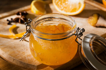 Preserving jar of homemade orange marmalade