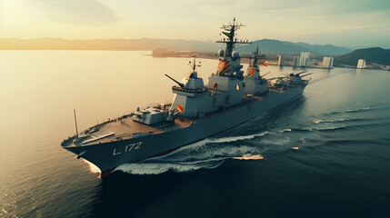 Aerial photography of a destroyer at sea, naval warfare concept. - obrazy, fototapety, plakaty