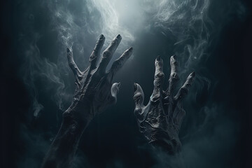 Scary hands from dark, frightening monster hand in fog, Halloween horror concept, generative ai  - obrazy, fototapety, plakaty