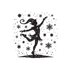 Christmas Elf Dancing Silhouette: Energetic Elfin Dance Displayed in Elegant Black Vector Christmas Elf Dancing
