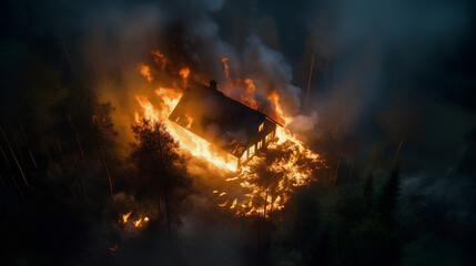 Fototapeta na wymiar House burning in the middle of the forest because of forest fire, natural disaster concept, intense forest fire