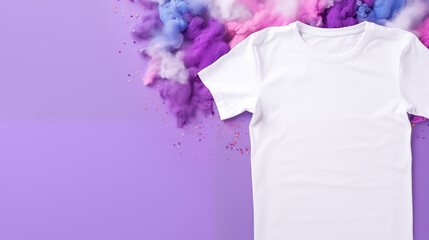 Mockup of a white t shirt isolated on purple canvas with colorful holi powder surrounded. Generative AI - obrazy, fototapety, plakaty