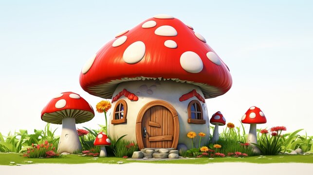 A painting that depicts a house with a mushroom house on its front