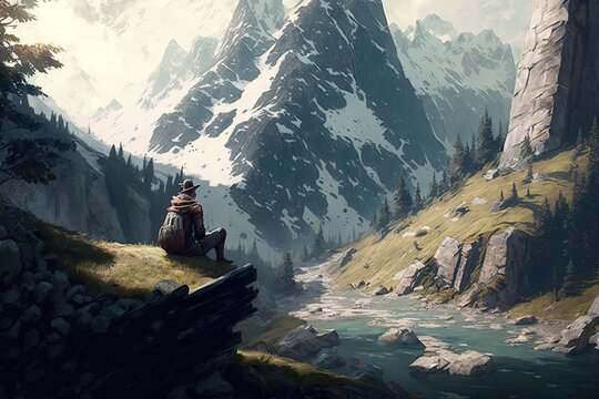 Traveler with a backpack sits on a rock and looks at the mountains