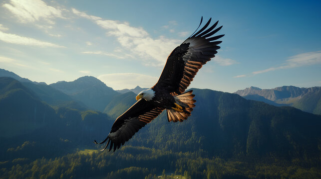 Aerial photography of a beautiful American eagle in flight.