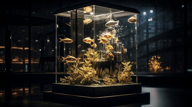 A sculpture depicts a building that has two fish tanks.