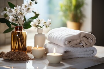 Obraz na płótnie Canvas Toiletries soap towel on blurred white bathroom spa background, generative ai