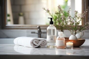 Toiletries soap towel on blurred white bathroom spa background, generative ai - 686810416