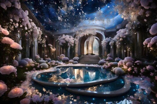 Fototapeta An expansive celestial garden floating among the stars, featuring ornate marble pathways, ethereal flowers, and cascading waterfalls of liquid diamonds. 