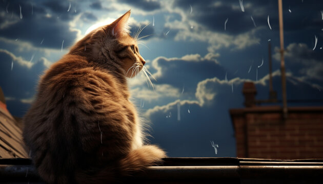 A cat sitting on a rooftop or a fence, outlined against a large, full moon