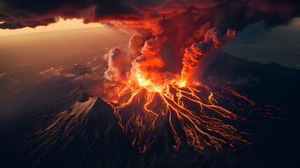 Aerial photography of a violently exploding volcano, natural disaster concept.