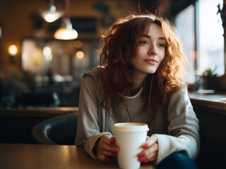 young woman drinking coffee in cafe in the morning.