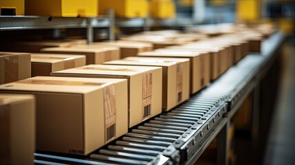 Cardboard boxes on the distribution line of a package shipping company.