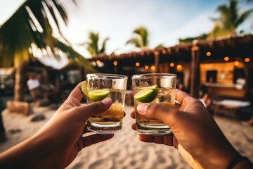 Shots of tequila in the hands of people relaxing in a bar on the beach.
