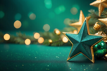New Year's and Christmas Gold Green Star Background Web Banner. Teal Green and Golden Abstract Glitter Bokeh Background with Selective Focus.