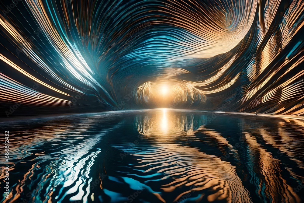 Poster a surreal landscape of liquid metallic waves, reflecting a spectrum of colors, as if capturing the e