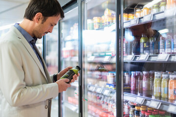 Mature man in supermarket choosing smoothie from cooling shelf