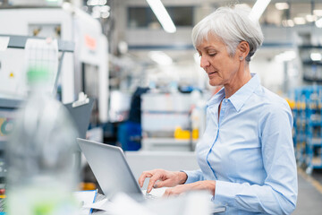 Senior businesswoman using laptop in a factory