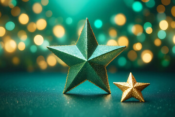 New Year's and Christmas Gold Green Star Background Web Banner. Teal Green and Golden Abstract Glitter Bokeh Background with Selective Focus.