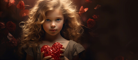  Сute little girl with red  heart 