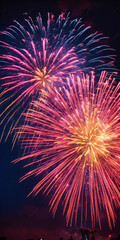 Obraz premium very high detailed, ultra realistic, 3d illustration, People watching firework display in night sky, celebrating holiday. Happy men, women looking at festive celebratory pyrotechnics in summer, city e