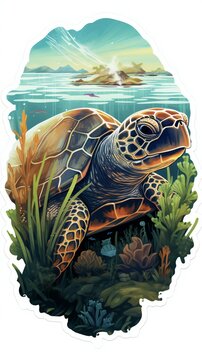 a sticker design with turtle head and crystal clear water grass --ar 9:16