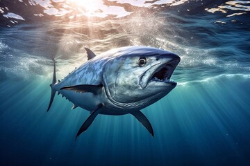 A big tuna swims in the blue ocean with its mouth open. Underwater world. - obrazy, fototapety, plakaty