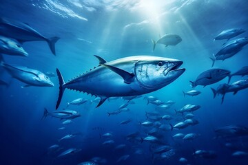 Tuna in the blue ocean. Underwater world. 
