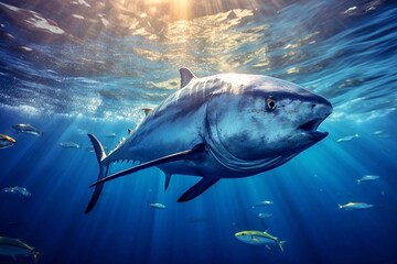 Fototapeta premium Tropical tuna swimming in the deep blue ocean.