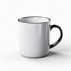 classic white enamel mug with a glossy finish and black rim mockup on white background