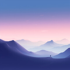 Obraz premium minimalist mountain landscape at dawn with a lone figure and soft pastel sky