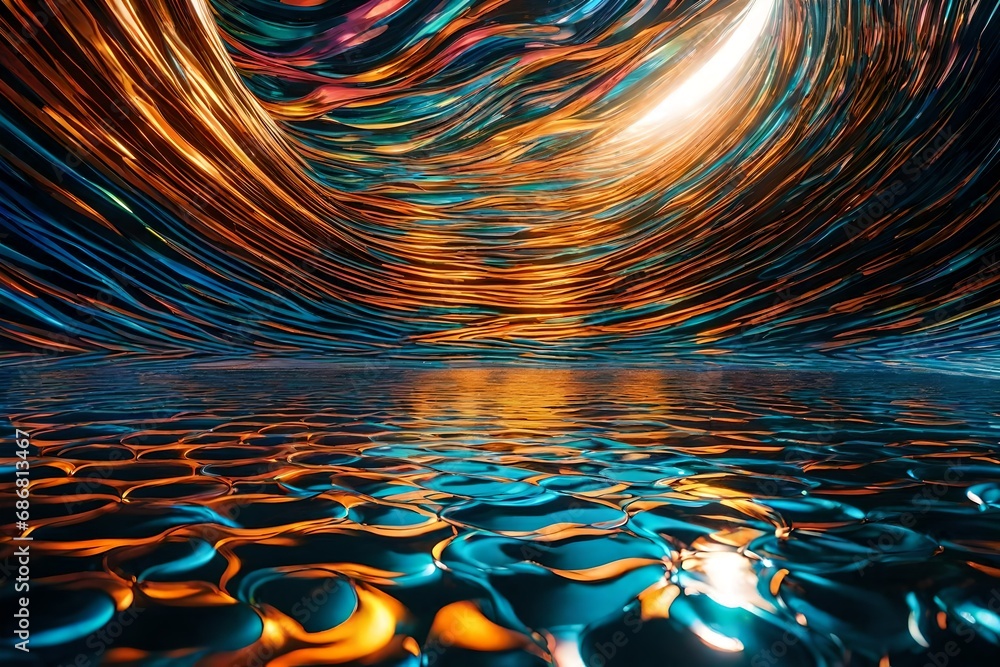 Poster a surreal landscape of liquid metallic waves, reflecting a spectrum of colors, as if capturing the e