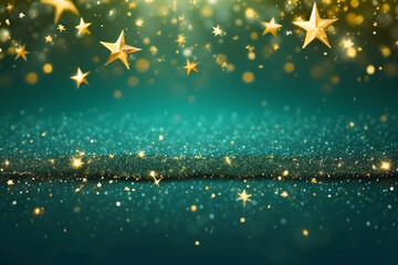 Fototapeta na wymiar New Year's and Christmas Gold Green Star Background Web Banner. Teal Green and Golden Abstract Glitter Bokeh Background with Selective Focus.