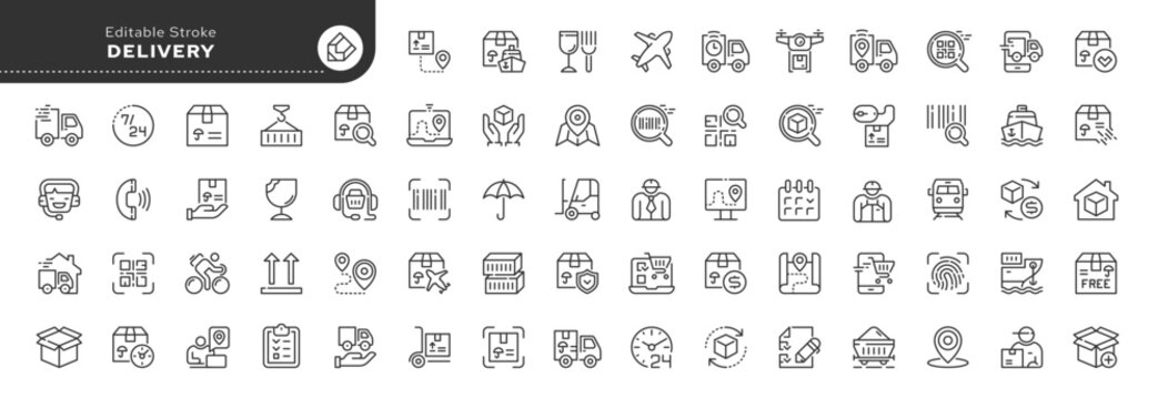 Set of contour icons in linear style. Series - Delivery, logistics, cargo transportation.Outline icon collection. Conceptual pictogram and infographic.