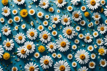 A delightful flat lay pattern featuring chamomile flowers arranged in a repetitive design on a serene blue background. 