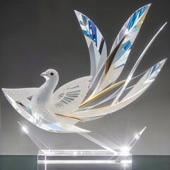 Artificial dove made of precious glass, transparent crystals, statuette on pedestal