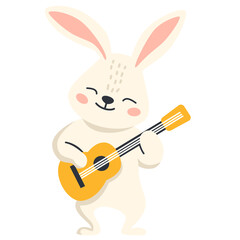 Flat vector illustration. Cute hare or rabbit dancing and playing guitar. Children's illustration on white background . Vector illustration