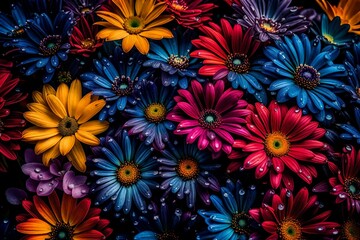 Fototapeta na wymiar A captivating close-up image featuring a bunch of vibrant, colorful flowers adorned with glistening water droplets. 