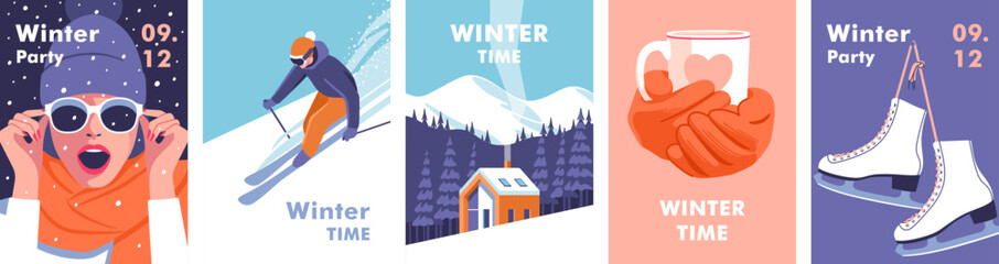 Winter time. Concept of vacation, party and travel. Vector illustrations for mobile and web graphics. - obrazy, fototapety, plakaty