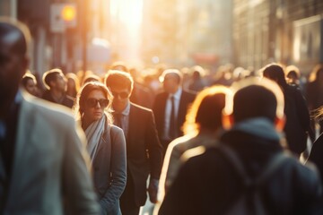 A large crowd of people walking down a street in a city. Many people walk on the street in the winter cold season on the golden hour in the main area of the city. - obrazy, fototapety, plakaty