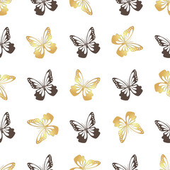 Vector seamless pattern with golden and brown doodle butterflies on the transparent background