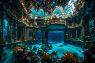 A lavish underwater palace adorned with shimmering crystal formations, surrounded by schools of vibrant, exotic fish. architecture reflect the epitome of luxury living.