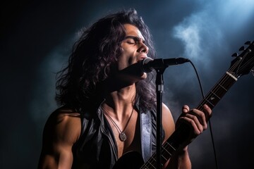 Fototapeta premium Singer performs passionately on stage during a live music concert with dramatic lighting and smoke effects in the background