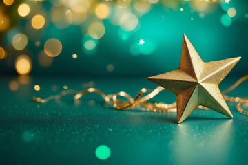 New Year's and Christmas Gold Green Star Background Web Banner. Teal Green and Golden Abstract Glitter Bokeh Background with Selective Focus.
