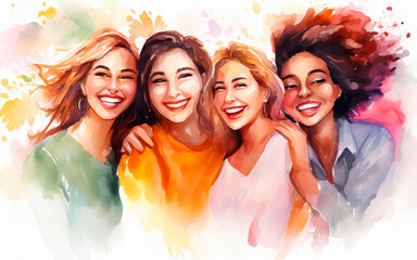 Watercolor illustration of a group of happy women hugging each other (Generative AI)