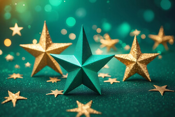 Fototapeta na wymiar New Year's and Christmas Gold Green Star Background Web Banner. Teal Green and Golden Abstract Glitter Bokeh Background with Selective Focus.