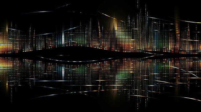 AI-generated illustration of a nighttime city skyline and its reflection in a colorful but subdued gradient plaid. MidJourney.