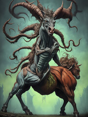 a grotesque centaur emerges, defying the laws of nature with its twisted form