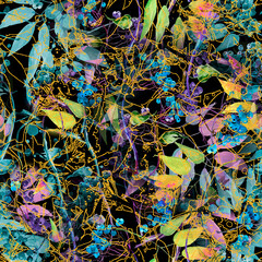 Watercolor viburnum, rowan and elder branches seamless pattern, hand painted.Watercolor Branch, bunch of  berries of mountain ash. .scarf,fabric, material.Abstract art background for beautiful design